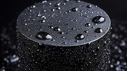 Poster - Wet black cylinder, water droplets, dark background, studio shot, product photography