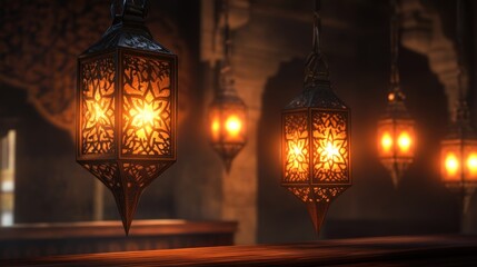 Poster - Illuminated Moroccan Lanterns Hanging in a Dark Room