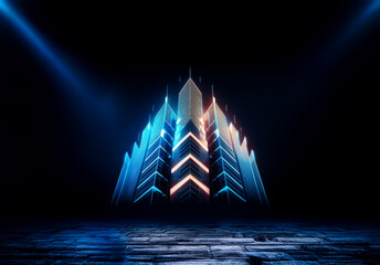 Leinwandbilder - Shenzhen, China - Unknown Date : Futuristic geometric structure with blue and orange neon lights stands on a dark pavement under spotlights, creating a vibrant and modern scene.