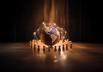 Leinwandbilder - Shenzhen, China - Unknown Date : A wooden globe is encircled by small figures connected by glowing lines on a dark surface, symbolizing global connections and a sense of community and technology.