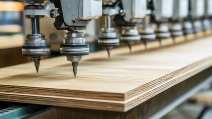 Poster - Multiple drilling heads hovering above piece of plywood material