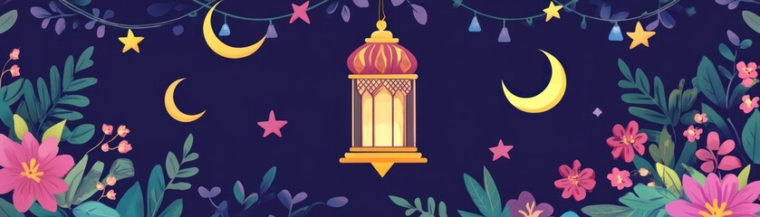 Aufkleber - Festive ramadan illustration with lantern moon stars and flowers