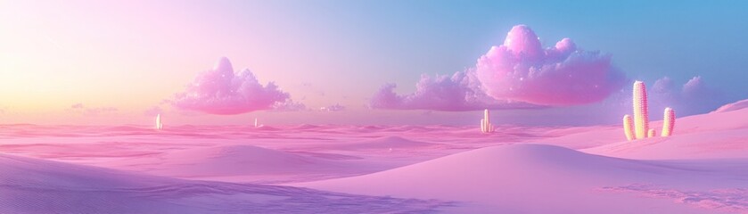 Poster - Pink Desert Landscape with Glittering Clouds and Cactus