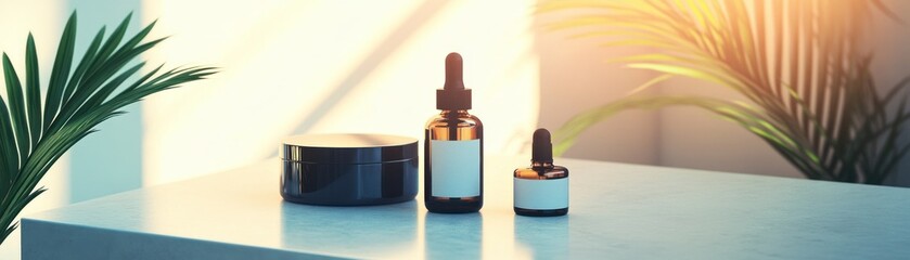 Poster - Cosmetic product display featuring skincare cream and dropper bottles