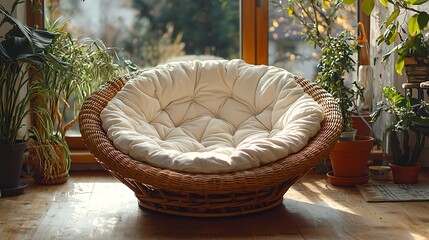 Poster - Wicker chair by window filled with sunlight and plants offers cozy interior design relaxation