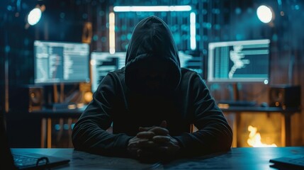 Poster - Mysterious figure with hoodie working amid glowing screens in a cyber environment