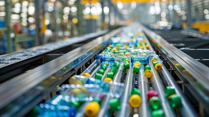 Aufkleber - Colorful plastic bottles and caps are moving along conveyor belts in a recycling facility during daytime, highlighting the importance of waste management and sustainability efforts.