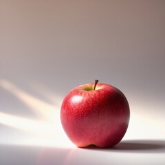 Poster - bright red apple stands alone on a soft surface with gentle light casting shadows in the background