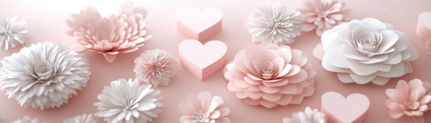 Poster - Delicate pink and white paper flowers and hearts arranged beautifully