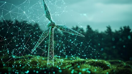 Poster - Wind turbine, technological network, generating green energy, forest background, sustainable use
