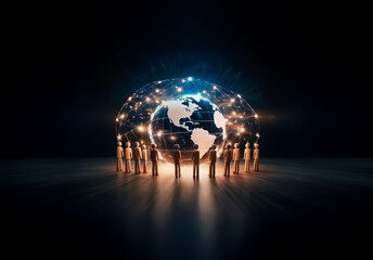 Aufkleber - Shenzhen, China - Unknown Date : A group of silhouetted figures encircles a luminous digital globe.  Bright nodes and lines create a network effect around the world, set against a dark backdrop.