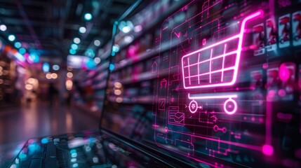 Poster - Cyber shopping experience with cart interface on laptop in modern retail setting