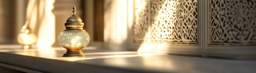 Poster - Illuminated Lantern Rests on Marble Near Intricate Carving