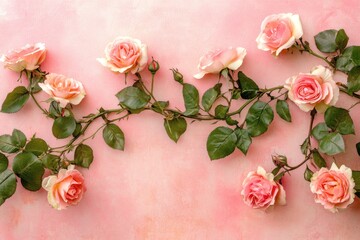 Aufkleber - Pink roses on a pink background, top view, a garland of pink roses, a pink wall, pink rose flowers, pink flower decorations.