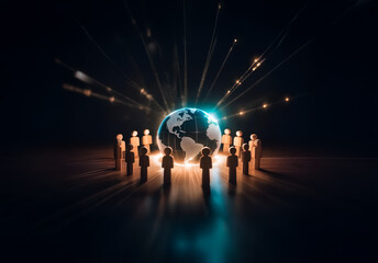 Leinwandbilder - Shenzhen, China - Unknown Date : Silhouetted figures encircle a luminous globe as bright beams radiate outward, representing global connections and a unified world.