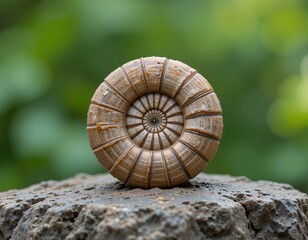 Poster - Seashell Beauty on Rock. Detailed Spiral Shell Close-Up. Natural Texture, Earth Tones. Serene Green Background. Perfect for Coastal Decor... Nature Photography, and Ocean Themes.