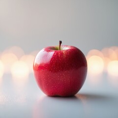 Poster - bright red apple placed on a light surface with blurred glowing lights in the background creating a 