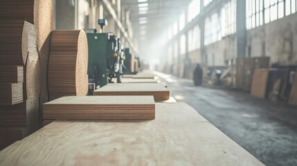 Poster - Stacked wooden panels and industrial machinery fill expansive factory