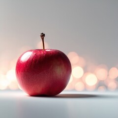 Poster - red apple on a white surface with soft bokeh background illuminated by warm light during a cozy indo