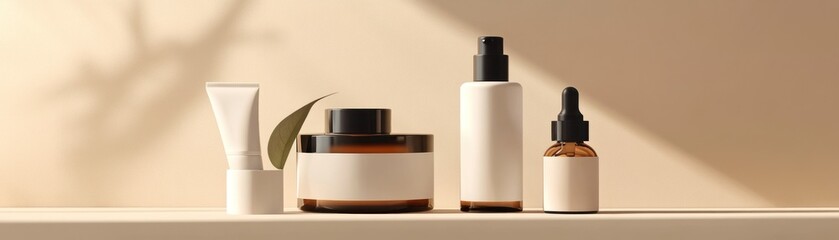 Poster - Elegant cosmetic product arrangement with soft lighting and shadows