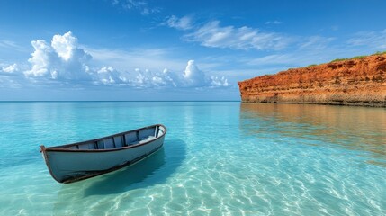 Poster - Tranquil boat on turquoise water, red cliff backdrop, idyllic beach scene