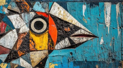 Poster - Colorful abstract fish mosaic art on a textured blue background