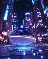 Poster - Futuristic glowing sphere reflects cityscape in a vibrant urban scene