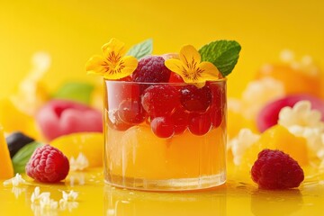 Aufkleber - Colorful fruit salad in a glass surrounded by vibrant decorative elements on a bright yellow background