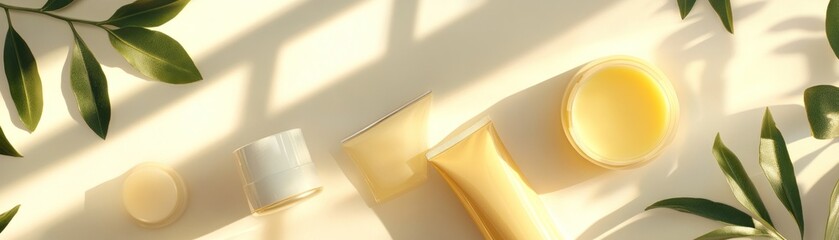 Poster - Top down shot of skincare products with leaf decorations