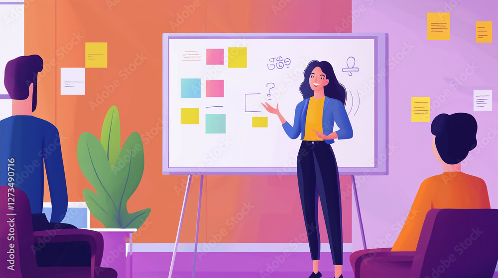 Illustrated woman giving a presentation in modern office Stock ...