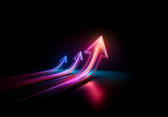 Poster - Shenzhen, China - Unknown Date : Three luminous arrows ascend dynamically against a dark backdrop, trailing vibrant streaks of light, symbolizing progress and forward motion in a futuristic style.