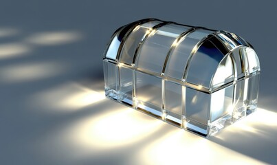 Wall Mural - A beautifully lit, transparent glass treasure chest resting on a smooth surface, with soft reflections