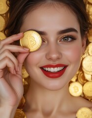 A smiling woman with bright red lips holds a gold Bitcoin coin over one eye, surrounded by shiny cryptocurrency coins. The concept represents wealth, digital finance, investment, and modern financial 