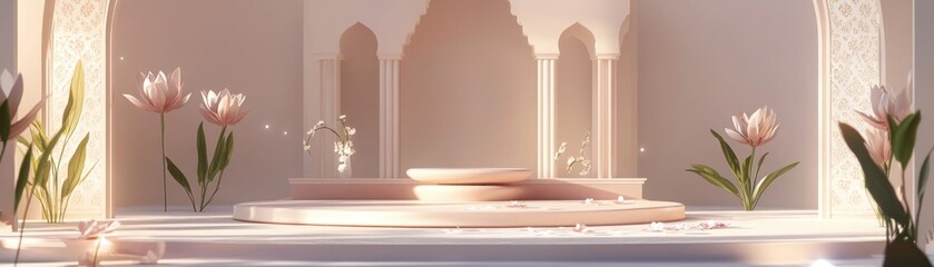 Aufkleber - Elegant Pastel Podium with Flowers in Architectural Setting