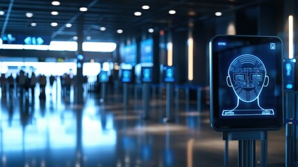 Poster - Automated facial recognition system at airport with high tech security features and advanced AI to scan passengers for faster boarding process.