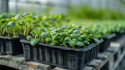 Poster - Greenhouse filled with young seedlings in trays, thriving under bright sunlight. Gardeners are nurturing plants in preparation for the upcoming planting season.