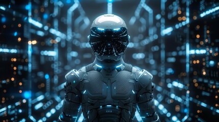 Wall Mural - Cybernetic humanoid stands in a high-tech environment filled with blue lights and digital patterns