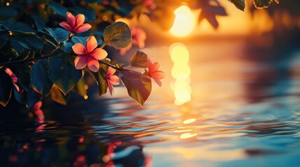 Wall Mural - A serene scene of sunset over calm water with flowers in the foreground, suitable for travel or nature-themed projects