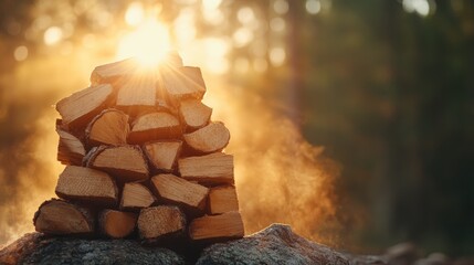 A beautiful pile of firewood bathed in soft, warm light captures the essence of a cozy evening, making it perfect for autumn gatherings or winter warmth by the fireplace.