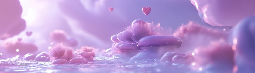 Poster - Soft dreamy landscape with hearts floating above fluffy formations