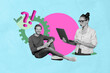 © deagreez - Exclusive art banner collage of two serious happy business partners girl guy surf laptop gear development exclamation question checkmark