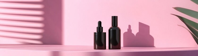 Poster - Two dark bottles stand on a pink platform with shadows