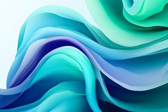 Abstract waves with fluid curves cascade gracefully, their blue and green gradients blending smoothly to create a serene and vibrant visual