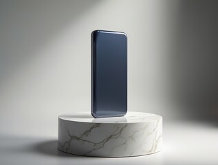 Wall Mural - Futuristic smartphone standing on marble pedestal under soft spotlight