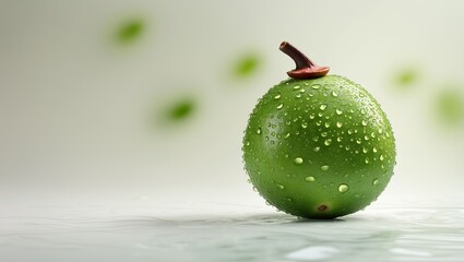 Poster - fresh green apple with water droplets on a reflective surface against a blurred background