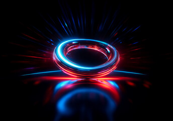 Fototapete - Shenzhen, China - Unknown Date : A luminous ring emits vibrant blue and red light against a dark backdrop, creating an abstract and futuristic glowing effect with reflections and radiating beams.