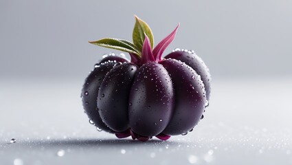 Poster - unique dark purple fruit with drops of water resting on a smooth surface in a minimalistic setting