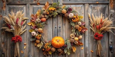 Wall Mural - Autumnal Harvest Wreath Adorning Rustic Wooden Door with Pampas Grass and Seasonal Accents