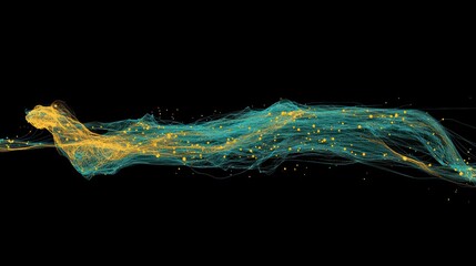 Poster - Abstract teal and gold flowing particles wave design