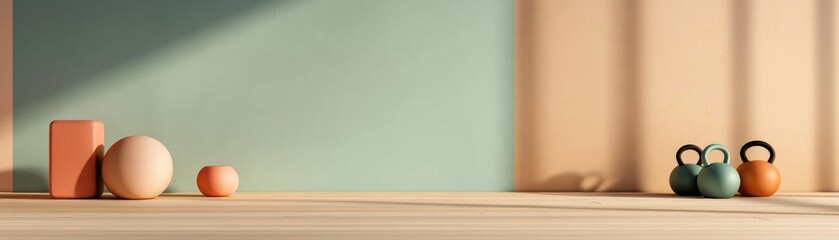 Poster - Geometric objects and kettlebells arranged on a wooden surface